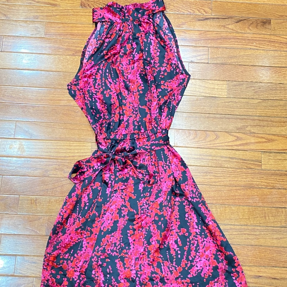 Veronicam pink floral high neck belted dress.